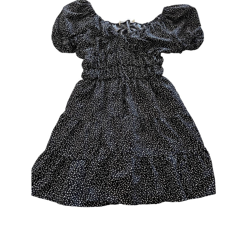 Liberty Love Womens Smocked Puff Sleeve Tiered Mini Dress Black White Print M